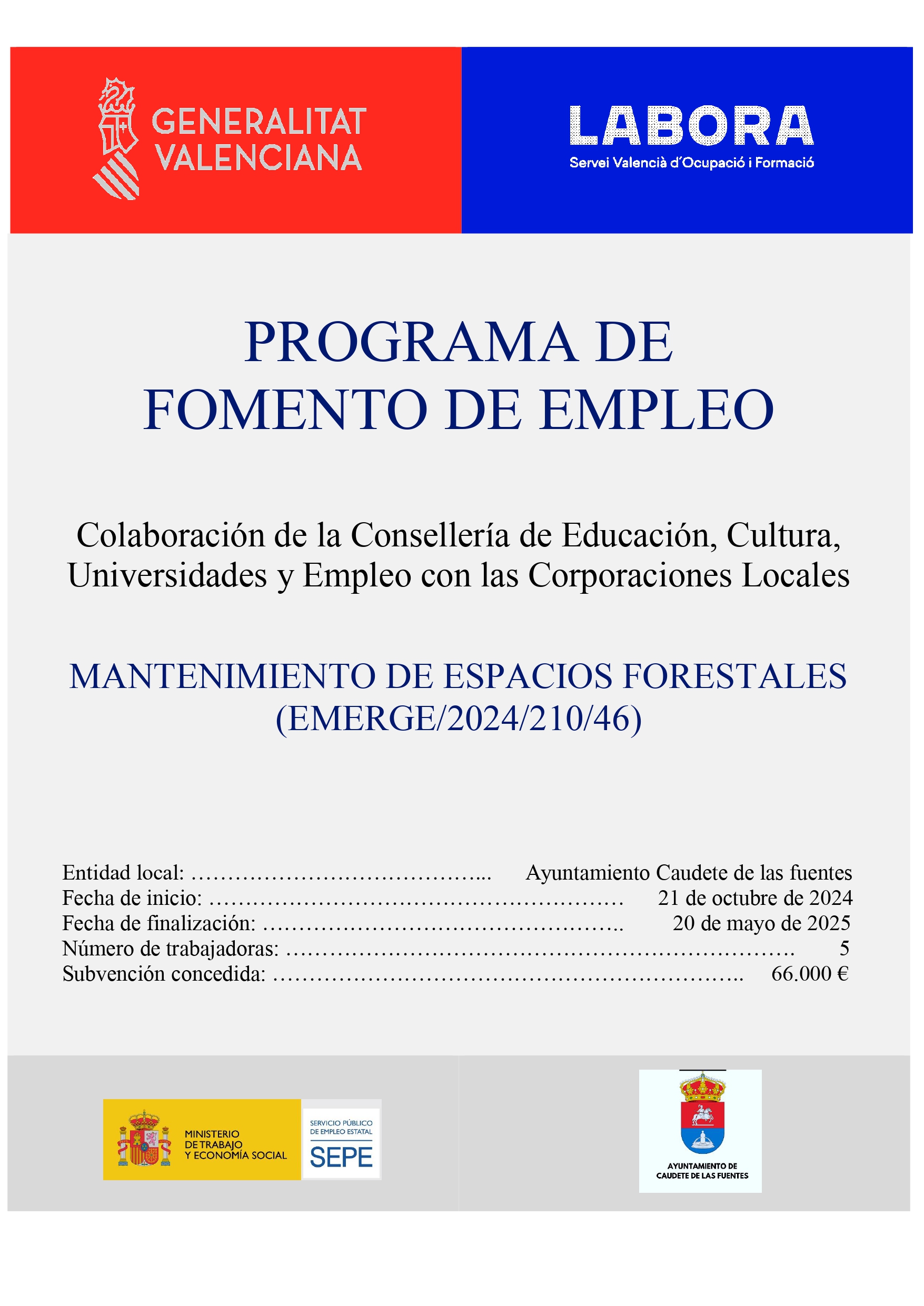Concesión de subvención de la Generalitat Valenciana para el Programa de subvenciones de empleo para contratación de personas desempleadas, para realizar acciones previstas en planes o procedimientos de emergencia en el ámbito forestal (EMERGE 2024).